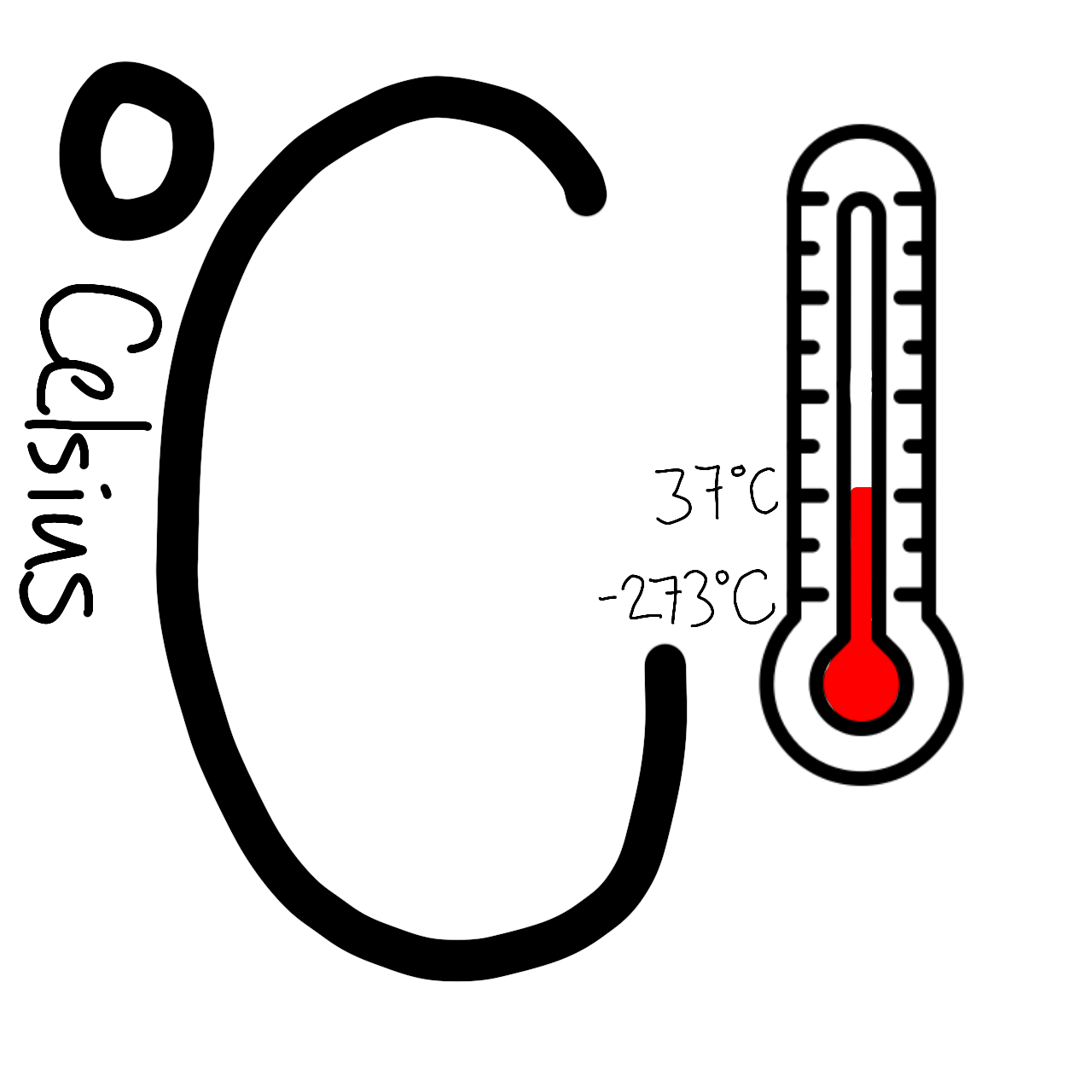 a large black degree symbol and the capital letter C. On the left hand side, oriented top to bottom, is the word 'Celsius'. Both of these are outlined in white. On the right hand side is a simplistic white and red thermometer, and to the left of this in small black text, read bottom to top, is '(Negative) -273°C' and '37°C'. These words' are also outlined in white.